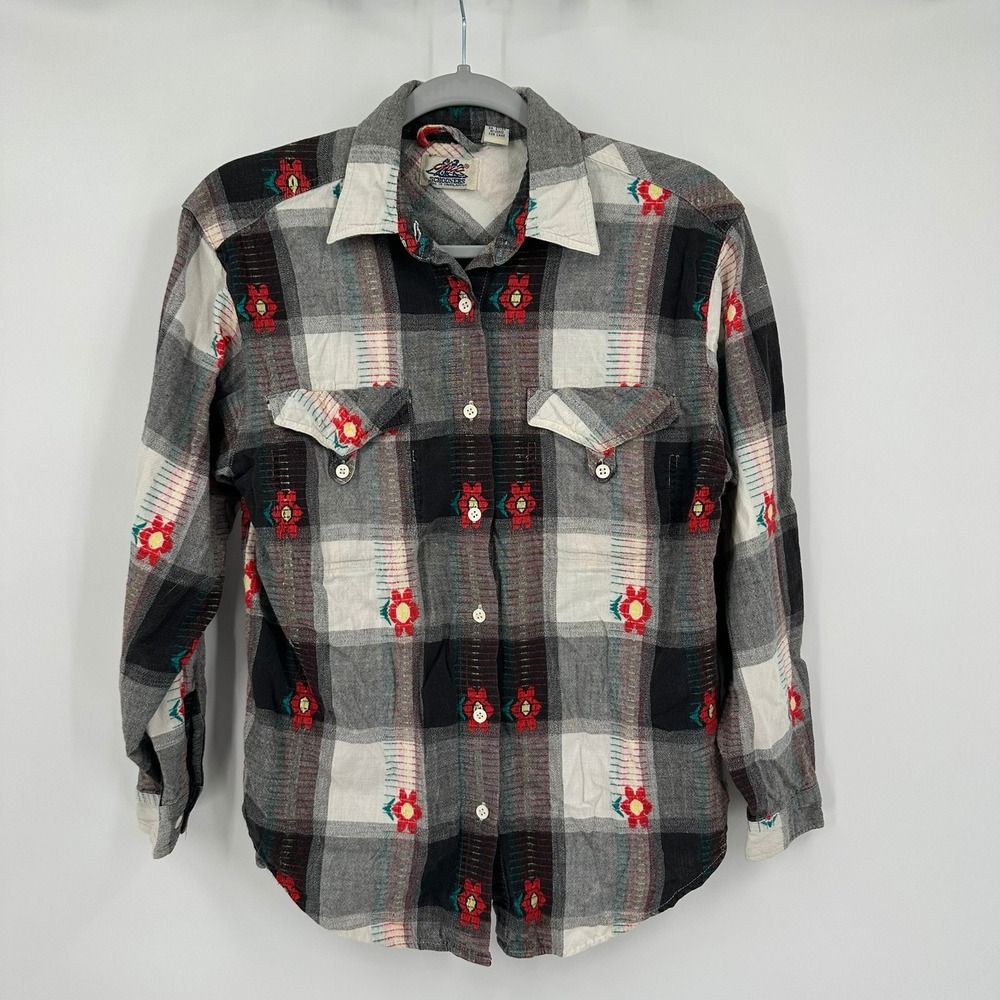 Womens Vintage Western Boho Top Size M Southwestern Flannel Rustic Folk Plaid